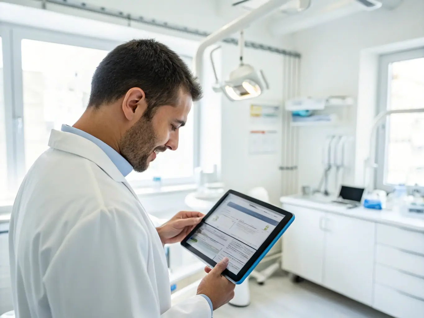 A dentist using Veladent's clinical charting feature on a tablet, interacting with a patient. The image should emphasize the ease and accuracy of digital charting.