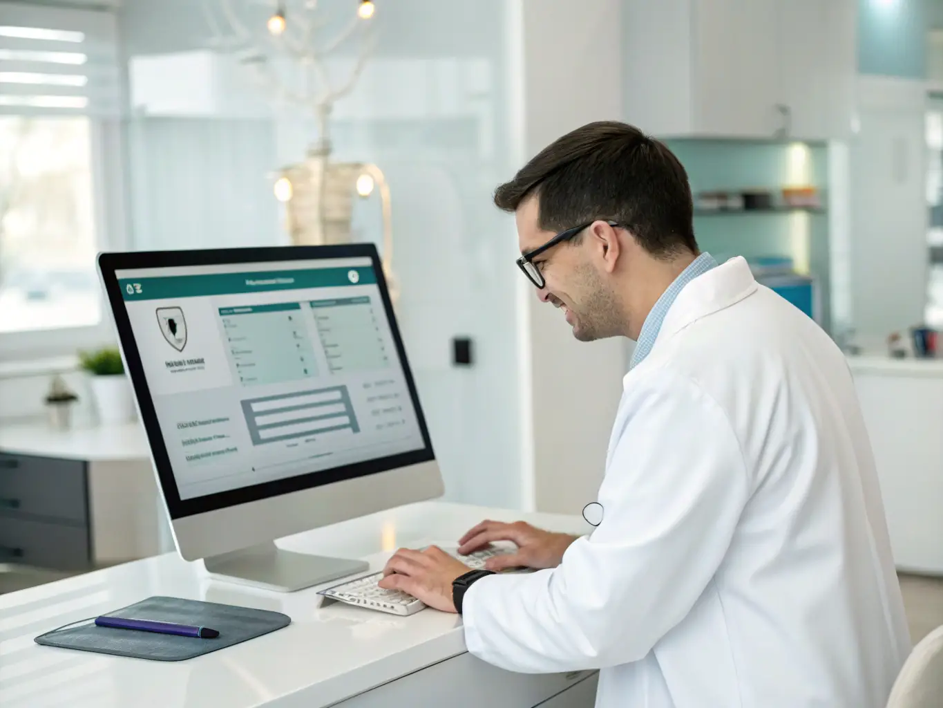A dental hygienist using Veladent's clinical charting feature on a computer, highlighting the detailed and accurate record-keeping capabilities.