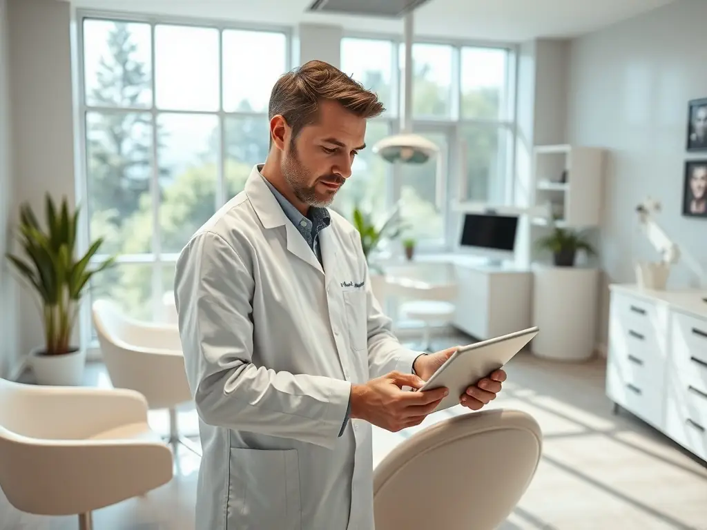A dentist using Veladent's scheduling feature on a tablet, showcasing the ease of appointment management.