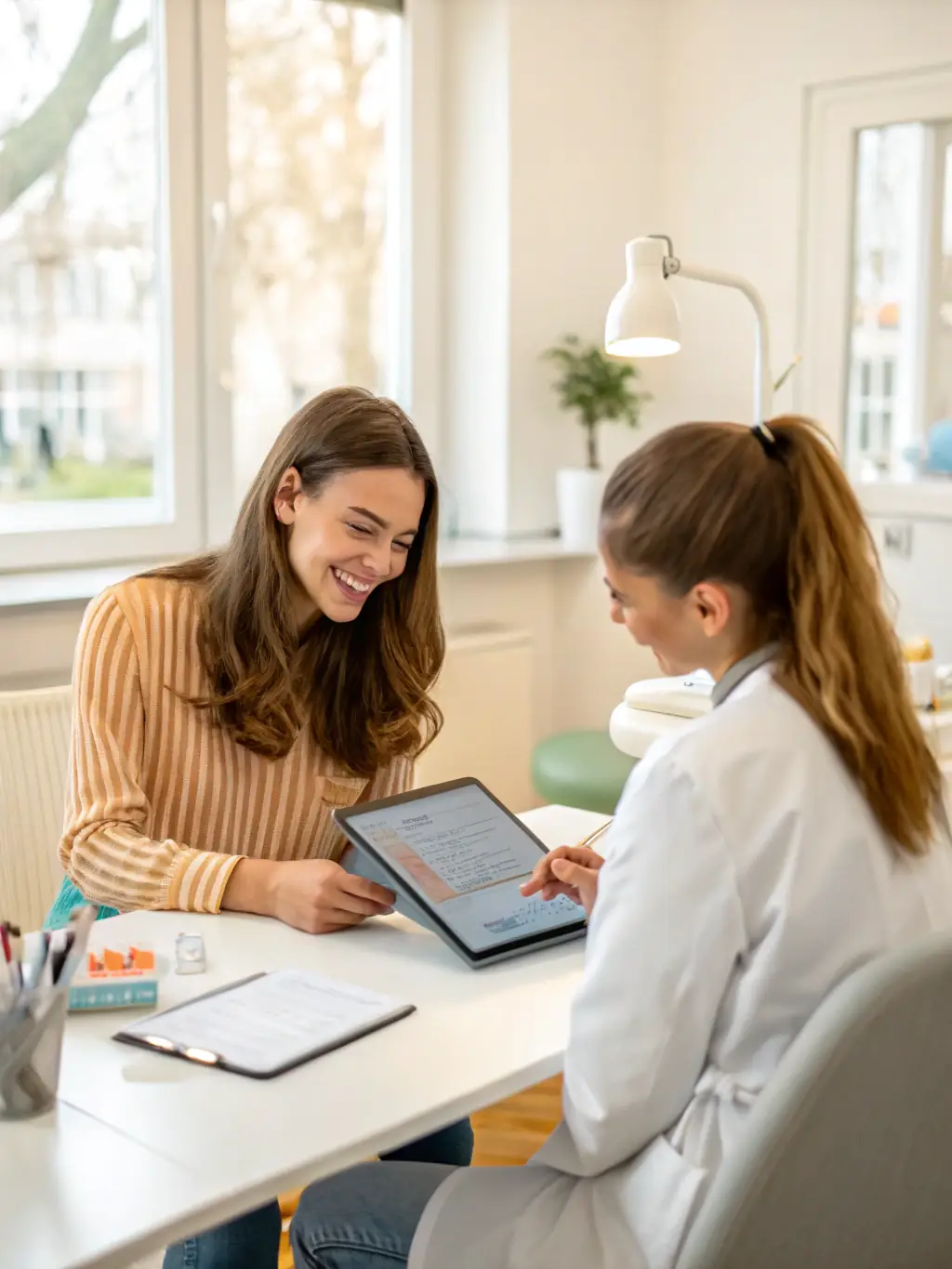 A dentist smiling confidently while reviewing a patient's chart on the Veladent platform, showcasing improved clinical efficiency.