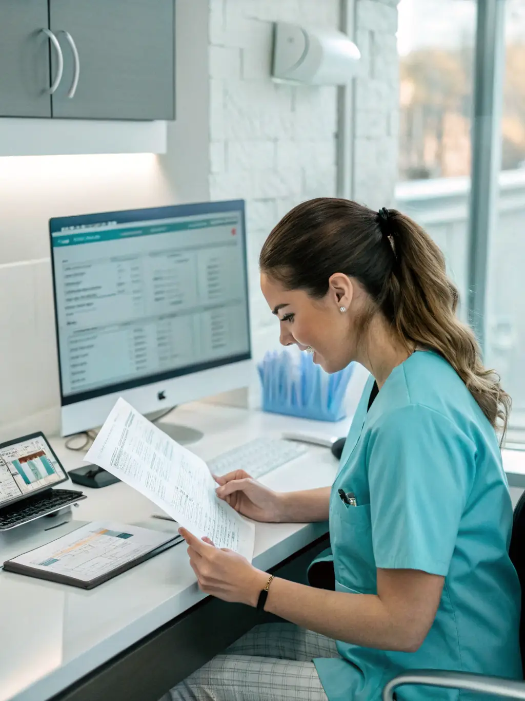 A dental administrator reviewing a financial report on Veladent, highlighting the platform's revenue cycle management capabilities.