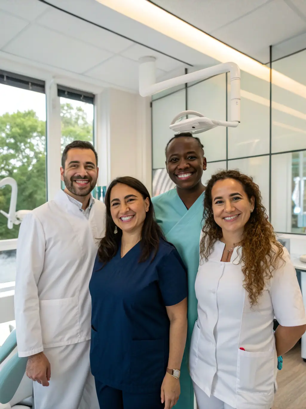 A dental team collaborating seamlessly using Veladent's integrated scheduling and communication features, emphasizing teamwork.