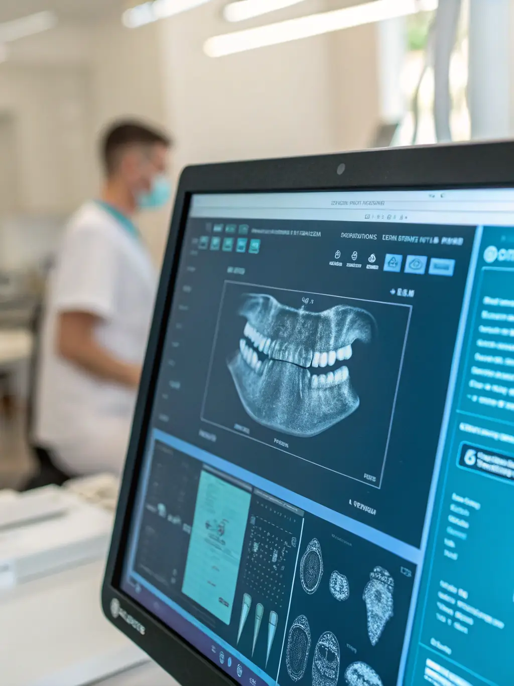 Screenshot of Veladent's imaging module, showcasing a dental X-ray image with annotation tools, image enhancement options, and integration with imaging devices.